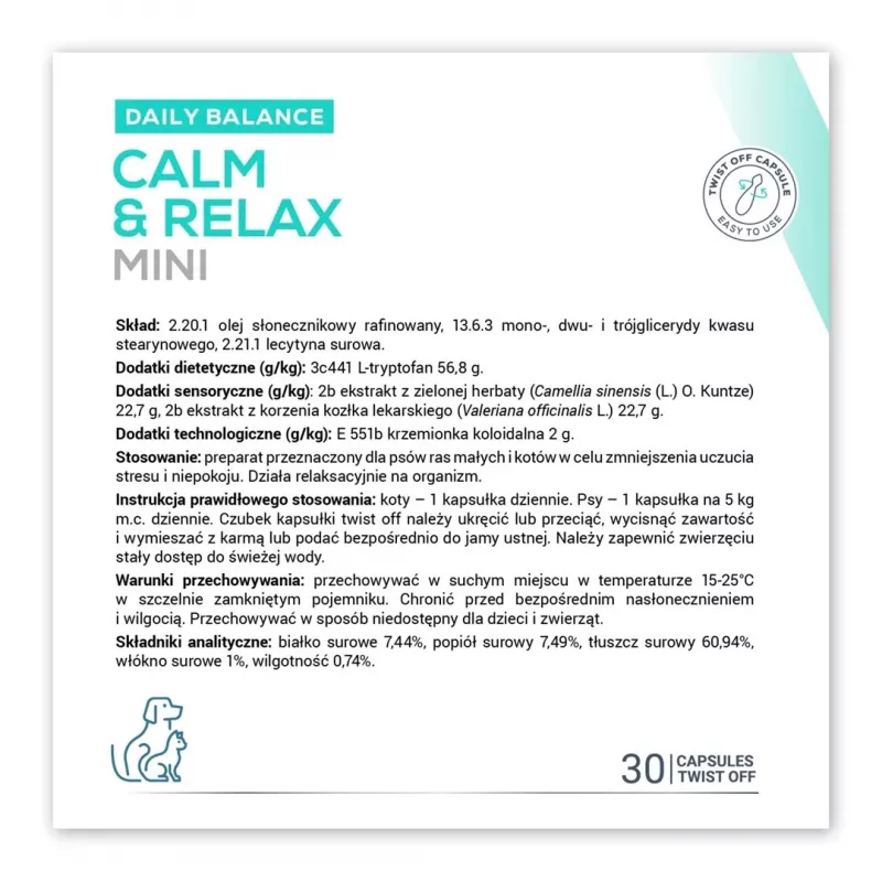 VETEXPERT Calm&Relax Mini nomierinošs papildbarība — 30 kapsulas maziem suņiem un kaķiem, 100 g, bez cukura, bez lipekļa