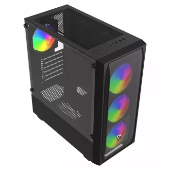 PC korpuss SAVIO Noctis Flow RGB — Cube, ATX/Mini-ITX, 3x 120 mm priekšējie ventilatori, rūdīta stikla sāns, max GPU 35 cm
