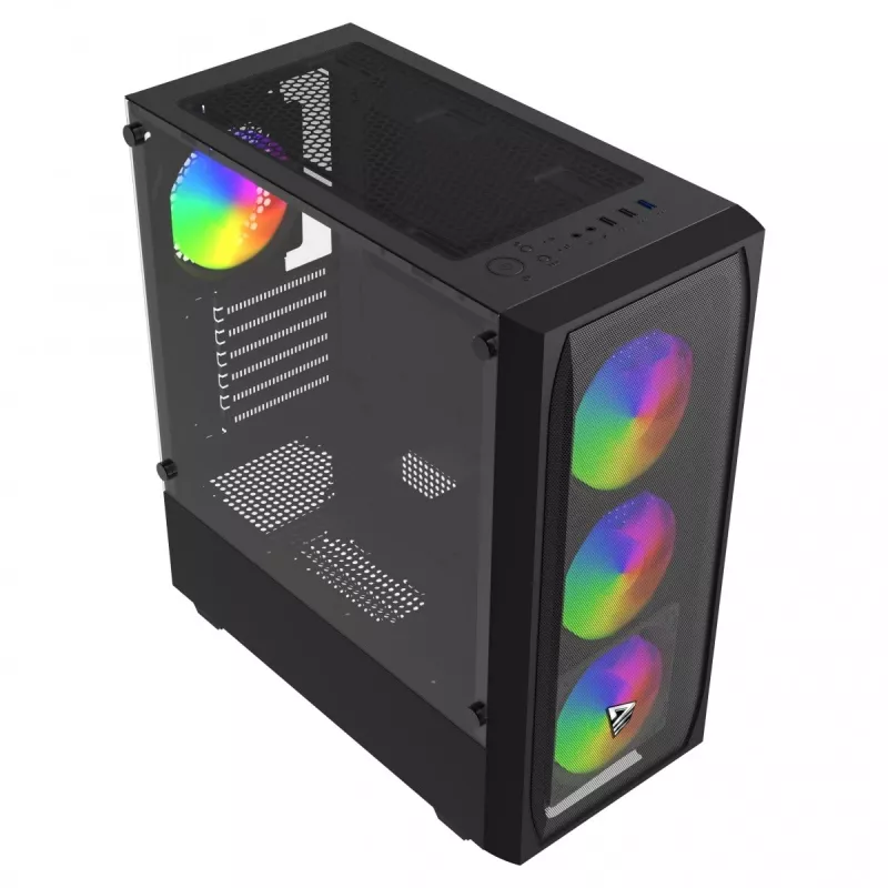 PC korpuss SAVIO Noctis Flow RGB — Cube, ATX/Mini-ITX, 3x 120 mm priekšējie ventilatori, rūdīta stikla sāns, max GPU 35 cm