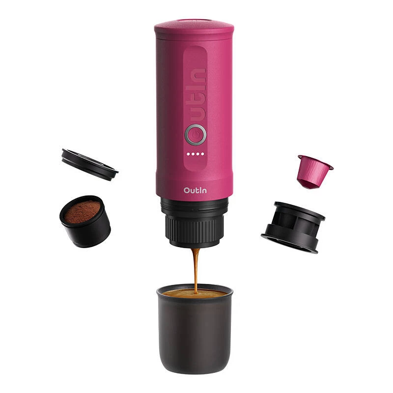 Pārnēsājama espresso kafijas automāts OUTIN Nano Melns, Rozā — 20 bāri, maltā kafija, 7500 mAh akumulators, 670 g