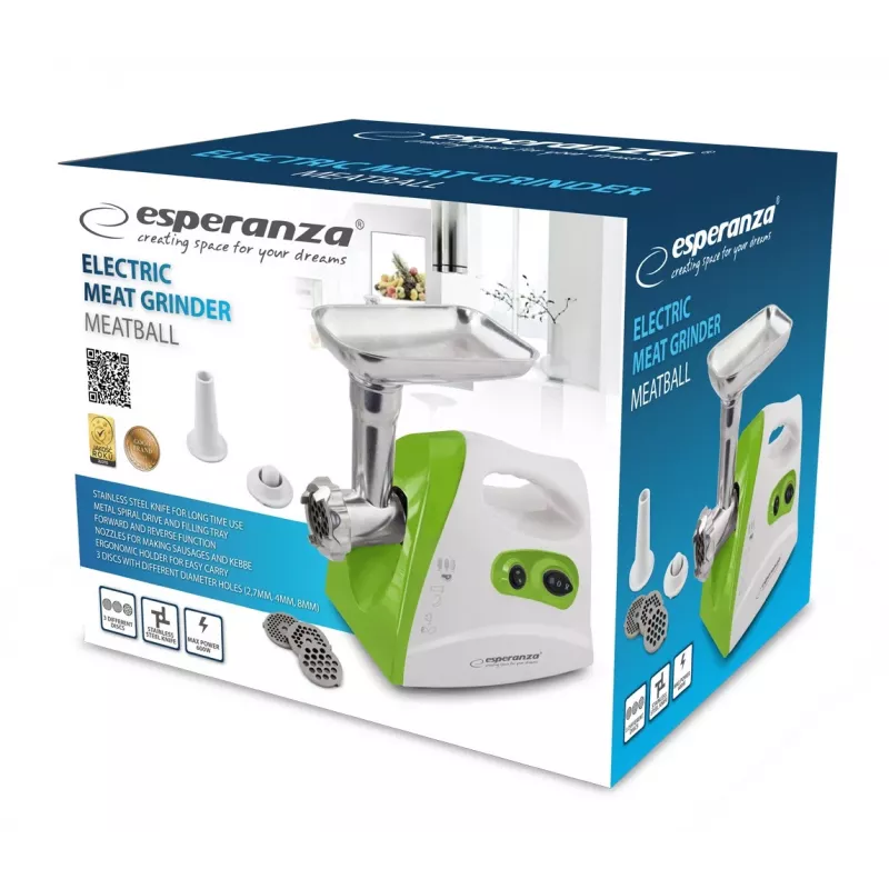Gaļas maļamā mašīna ESPERANZA EKM012G — 600 W, nerūsējošā tērauda asmens, desu pildījuma uzgalis, kebbe veidotājs, reverss, neslīdošas kājiņas, balta/zaļa