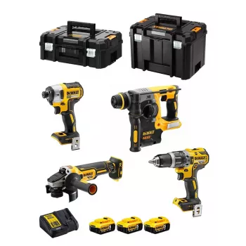 Bezvadu instrumentu komplekts DeWalt DCK422P3T-QW 18V 5Ah (3 baterijas), urbjmašīna/skrūvgriezis DCD796, triecienskrūvgriezis, leņķa slīpmašīna, SDS Plus rotācijas āmurs