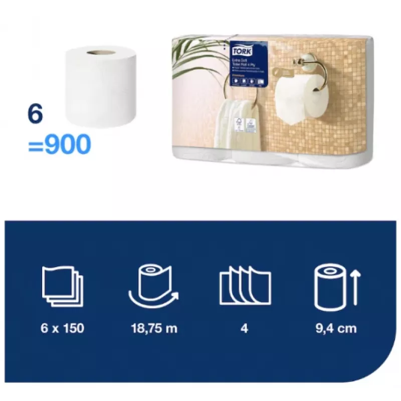 Tualetes papīrs Tork Premium Extra Soft Conventional T4 — 4 slāņu ruļļi 9,7 cm x 19,1 m, iepakojumā 6 gab.