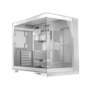 PC korpuss MODECOM Volcano Panorama Midi Tower balts — micro ATX, rūdīts stikls, ARGB, USB-C, atbalsta GPU līdz 400 mm