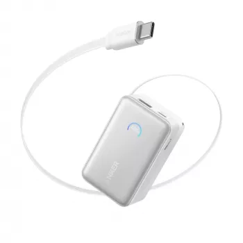 Power bank Anker A1638 10000 mAh, 45 W kopējā jauda, balts, iebūvēts izvelkams USB-C kabelis