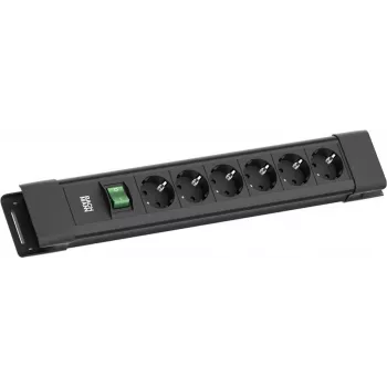Pagarinātājs Bachmann CONNECTUS ar 6× CEE7/3 kontaktligzdām, 1× slēdzi, 2.0 m kabeli, CEE7/7 spraudni, melns