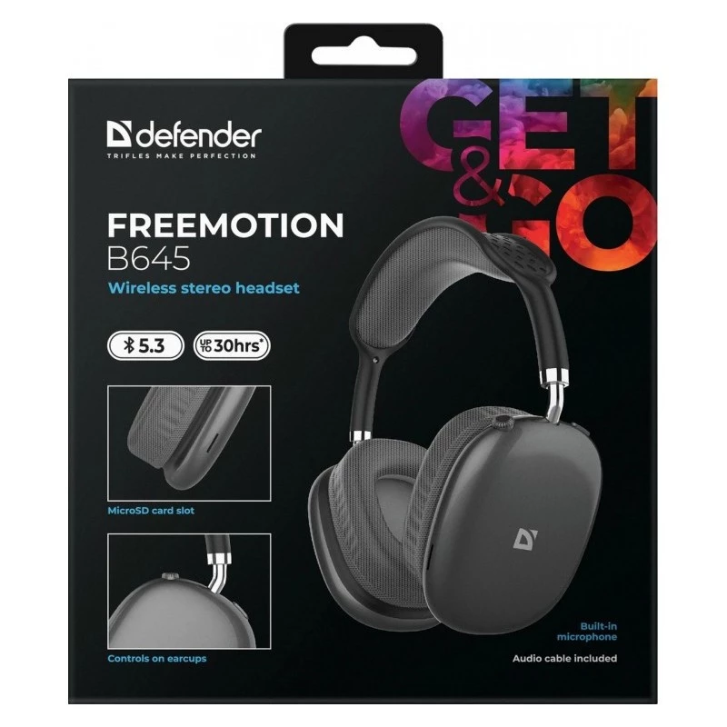 Defender FreeMotion B645 Bluetooth austiņas uz ausīm, Bluetooth 5.3, USB-C, 3,5 mm ligzda, iebūvēts mikrofons, 20–20000 Hz, 105 dB, melnas
