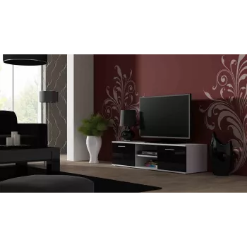 TV statīvs Cama Meble SOHO 140 — 1400×430×370 mm, balta virsma, melni spīdīgi fronti