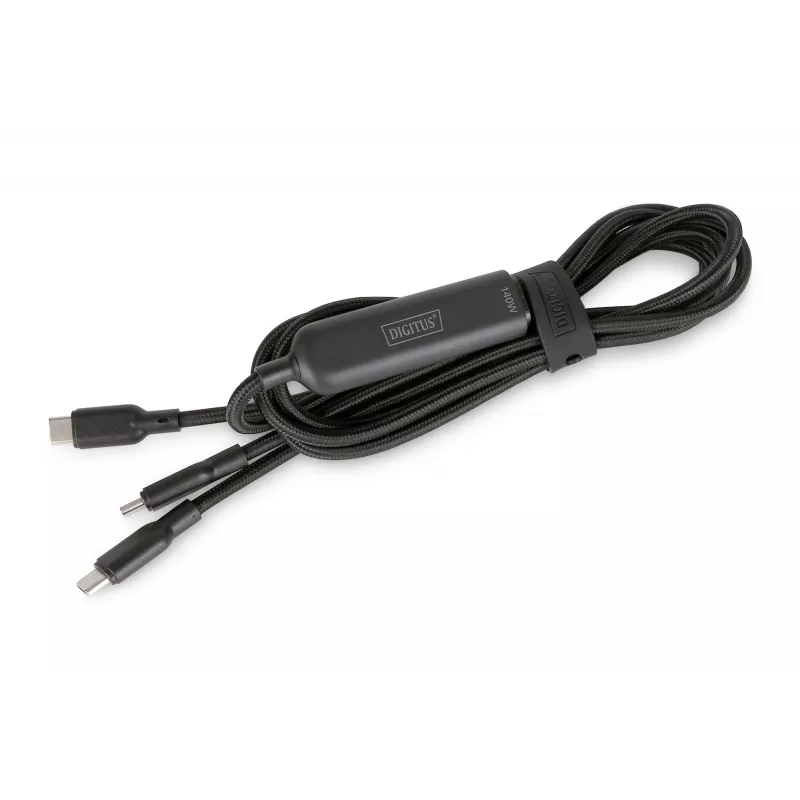 DIGITUS USB-C 2in1 lādēšanas kabelis 140W, USB-C uz 2×USB-C, 1.8 m, USB 2.0, melns