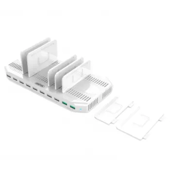 Uzlādes stacija Unitek Y-2190A — 10× USB porti (8×USB 2.0 + 2×USB 3.2 Gen1), bezvadu uzlāde, 96W kopā
