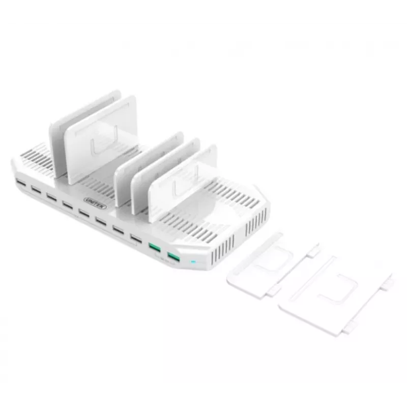 Uzlādes stacija Unitek Y-2190A — 10× USB porti (8×USB 2.0 + 2×USB 3.2 Gen1), bezvadu uzlāde, 96W kopā