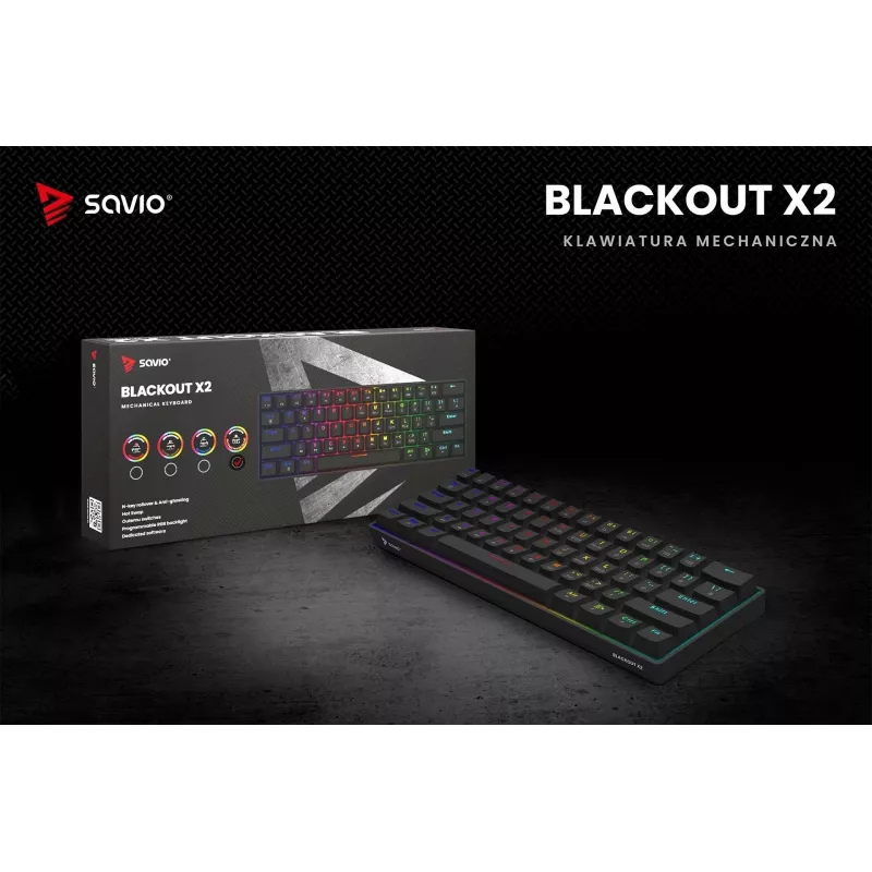 Mehāniskā spēļu tastatūra SAVIO BLACKOUT X2 PEACH — 61 taustiņš 60% QWERTY, RGB LED, hot-swap, USB Type-A/Type-C, atvienojams kabelis