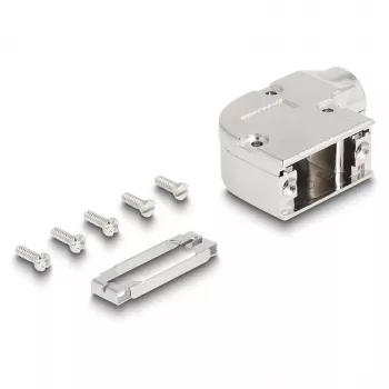 DELOCK D-Sub korpuss 9 kontaktu vīriešu/sieviešu ar metāla kronšteinu 90° leņķī, sudraba, 33×47×16 mm