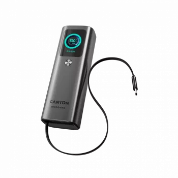 CANYON OnPower 265 20000mAh 165W alumīnija ārējais akumulators ar iebūvētu kabeli tumši pelēks