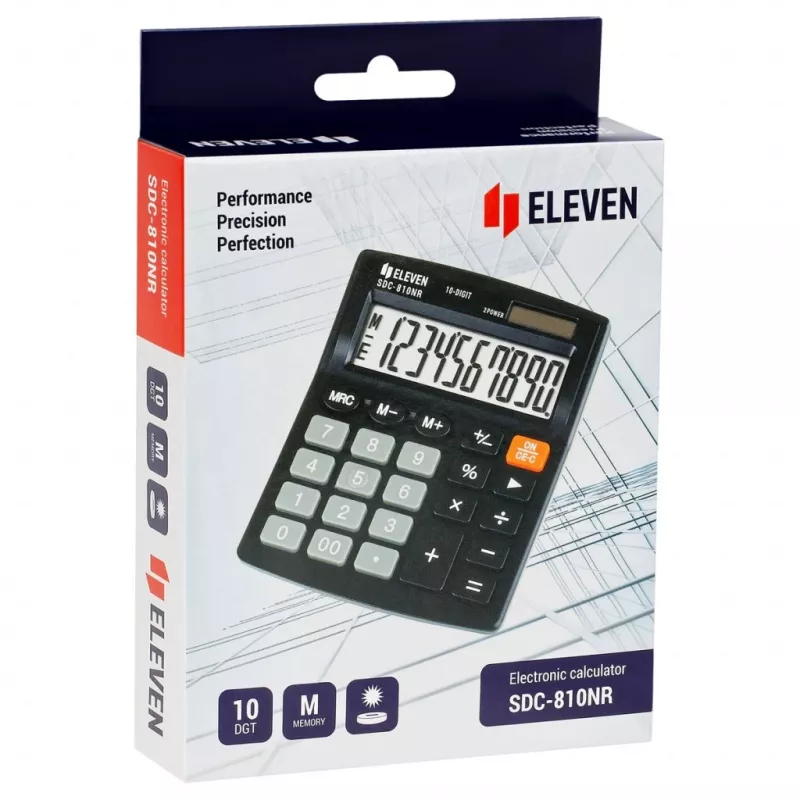 ELEVEN SDC-810NR kalkulators, 10 ciparu displejs, saules un bateriju barošana, melns