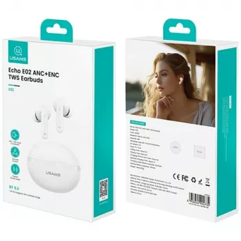 Usams TWS E02 ANC+ENC baltas Bluetooth austiņas