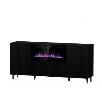 Kumode ar elektrisko kamīnu Cama Meble PAFOS 180x42x82 cm matēti melna, 3 durvis, 2 plaukti, 1400–1600 W