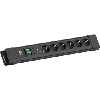 Pagarinātājs Bachmann CONNECTUS ar 6×CEE 7/3, SPD-Plus aizsardzību, slēdzi, 2,0 m kabeli, melns