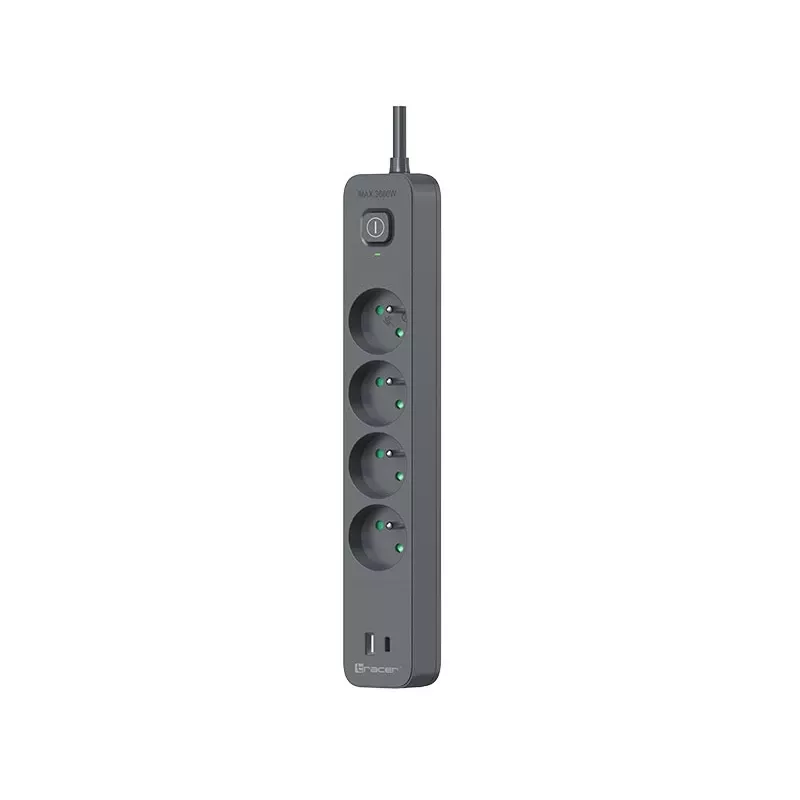 Tracer Power Line+ TRALIS47026 pagarinātājs, 4 ligzdas, USB-A + USB-C PD 18 W, 1,5 m, grafīta krāsā