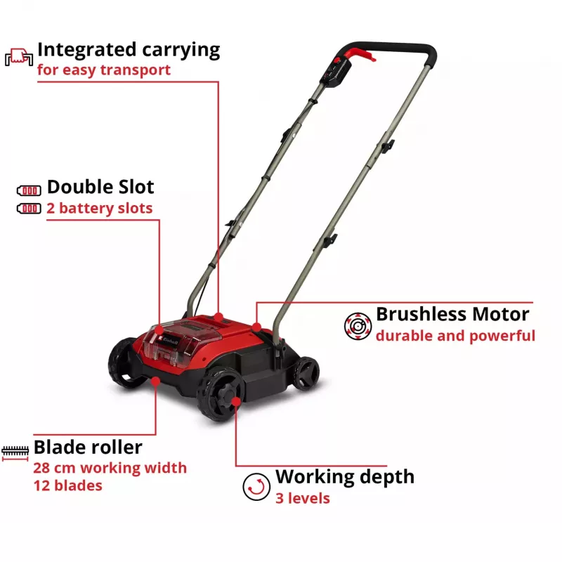 Skarifikators / Zāliena aerators EINHELL GC‑SC 18/28 DS Li‑Solo — darba platums 28 cm, bezvadu (tikai instruments)