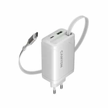 CANYON lādētājs OnCharge 65RC ar iebūvētu USB-C kabeli 65W, 1x PD, 1x QC, EU kontaktdakša, Balts