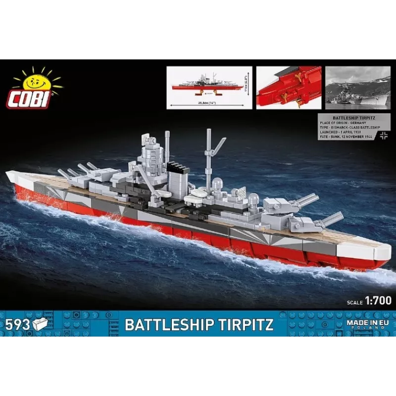 Konstruktors Cobi Kaujas kuģis Tirpitz 593 daļas, mēroga modelis