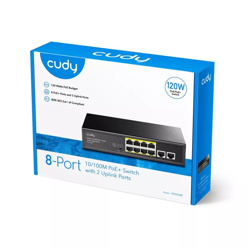 Nepārvaldāms tīkla slēdzis Cudy FS1010P ar 8 PoE+ un 2 uplink portiem, Fast Ethernet (10/100), 120 W, melns