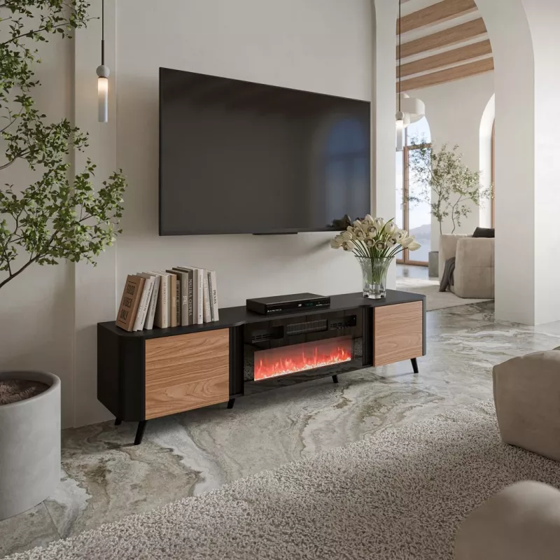 TV skapis Cama Meble Volare 200 x 39 x 49 cm melns/valrieksts ar kamīnu