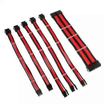 Pīto pagarinātāju komplekts Kolink Core Adept – 20+4pin, 8pin, 4+4pin, 3×6+2pin; garumi 300–350 mm; PET apvalks; vara vadi