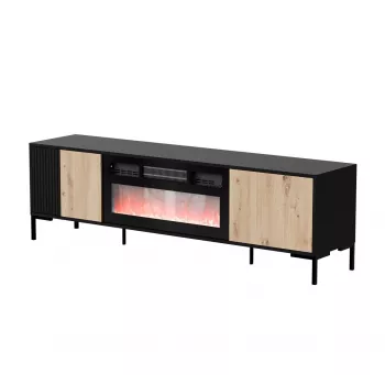 TV skapis CAMA MEBLE MERCI ar kamīnu, 180 x 40 x 53,5 cm, melna virsma, ozolkoka rāmis