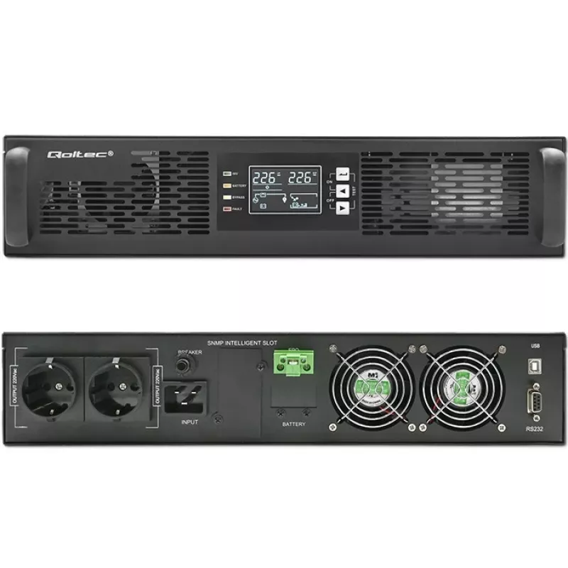 Qoltec nepārtrauktās barošanas avots AWARYJNY DO RACK 3KVA 3000W jaudas koeficients 1.0 LCD EPO USB on-LINE (3VA, 3000W, dubultās pārveidošanas online UPS)