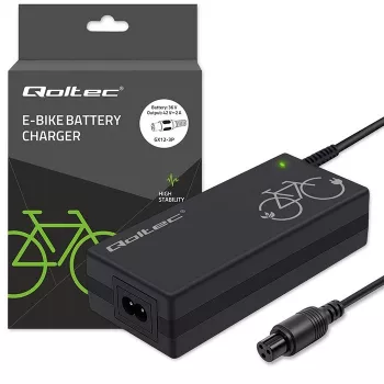E-velosipēda lādētājs QOLTEC 36V–42V 2A ar GX12 3-pin savienotāju