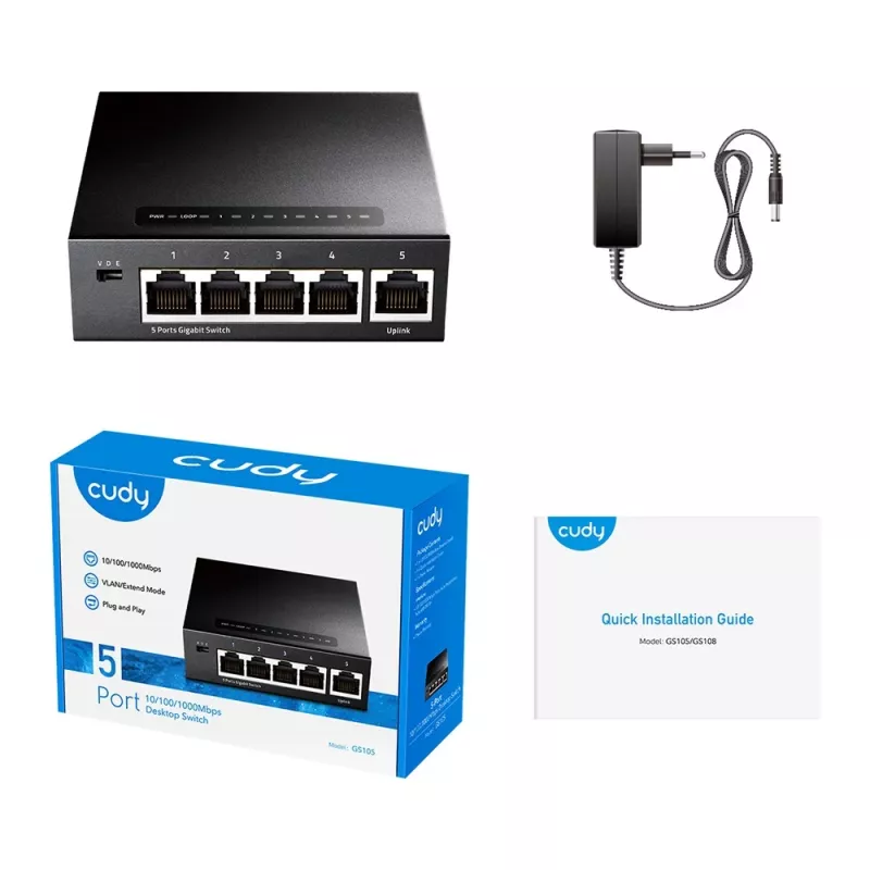 Tīkla slēdzis Cudy GS105 — 5 portu Gigabit Ethernet (10/100/1000), melns, 5 V DC barošanas avots iekļauts