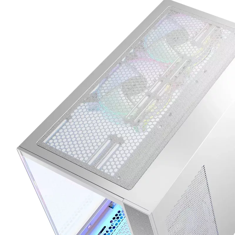 PC korpuss MODECOM Volcano Panorama Midi Tower balts — micro ATX, rūdīts stikls, ARGB, USB-C, atbalsta GPU līdz 400 mm
