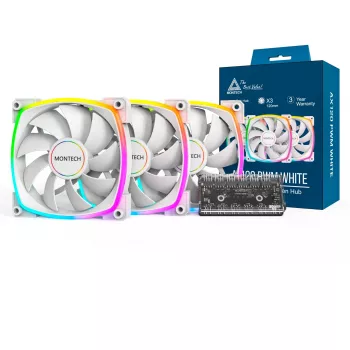 Montech AX120 120mm PWM ARGB korpusa ventilatori, 3 iepakojumā, balts