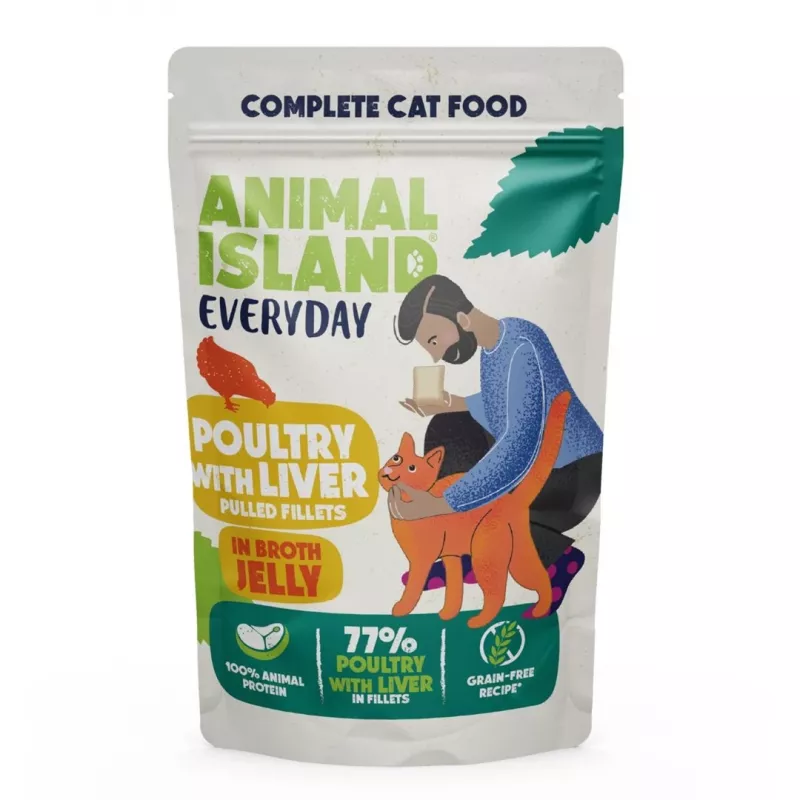 Animal Island Everyday Poultry and Liver in Jelly mitrs kaķu barības multipaka 12 x 85 g, pieaugušiem kaķiem, bez lipekļa un sojas