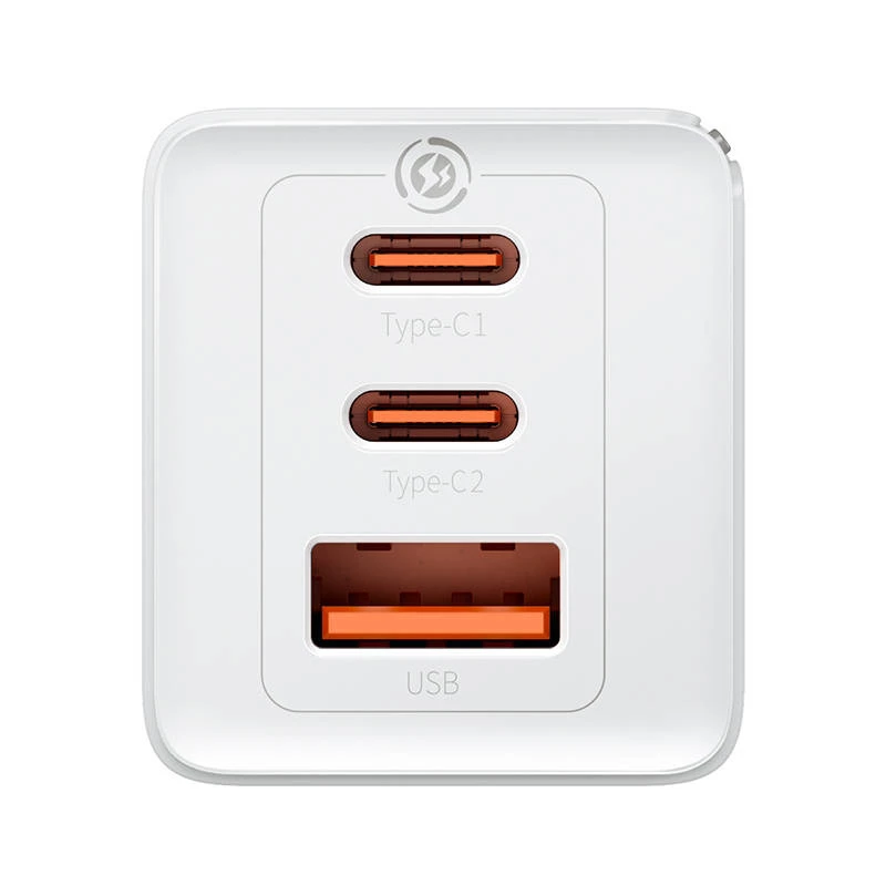 Sienas lādētājs Baseus GaN5 Pro 65W — USB + 2×USB-C (QC3.0, PD3.0) ar 1m USB-C kabeli, balts