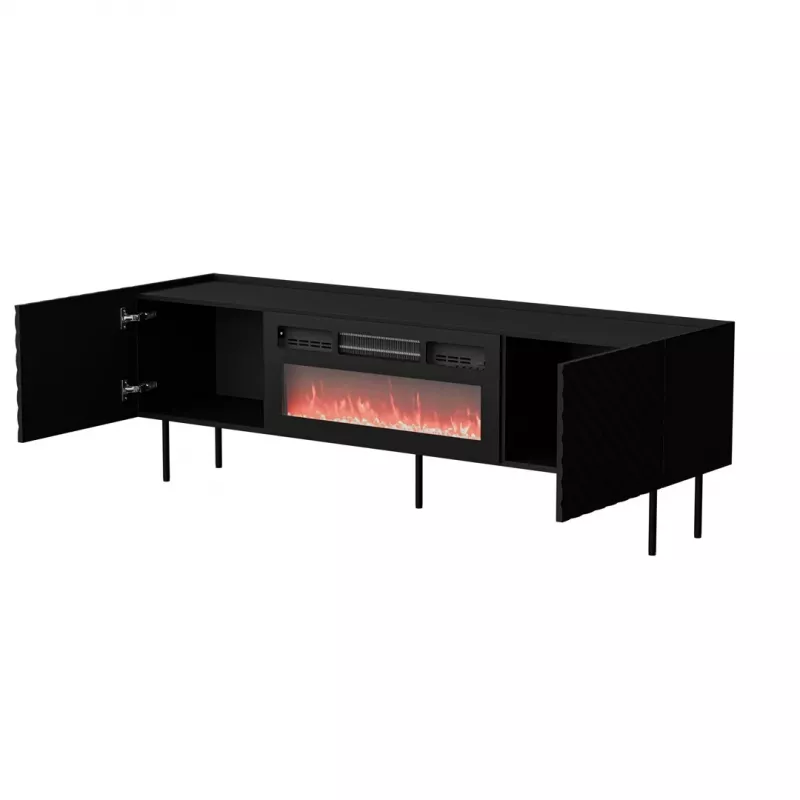 TV skapis Cama Meble LUCCA 180x40x59 cm, melns, ar elektrisko kamīnu