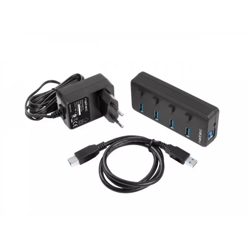 USB centrmezgls NATEC MANTIS USB 2.0 Type-B — 4x USB 3.2 Gen 1 Type-A porti, melns, 0,8 m kabelis, tīkla adapteris, barošanas slēdzis