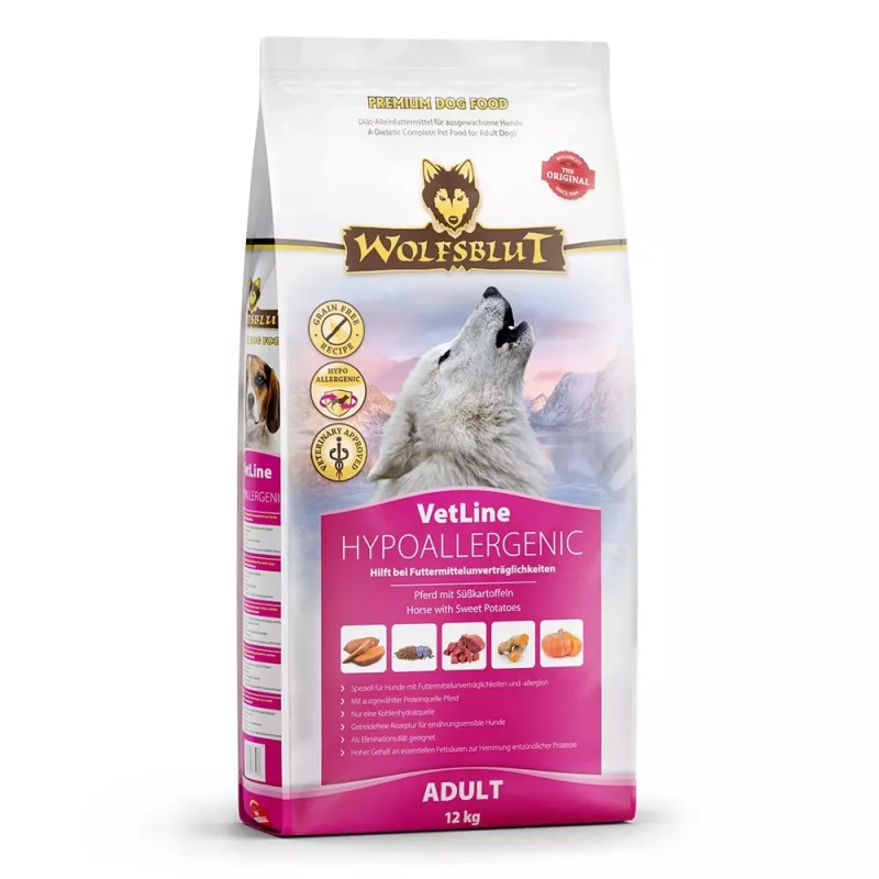 Sausā suņu barība Wolfsblut VetLine Hypoallergenic Horse — 12 kg, monoproteīns, 20% olbaltumvielu, bez graudiem un lipekļa