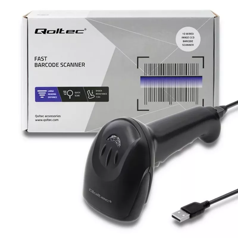 Qoltec 50866 melns 1D CCD lāzera svītrkodu lasītājs ar USB