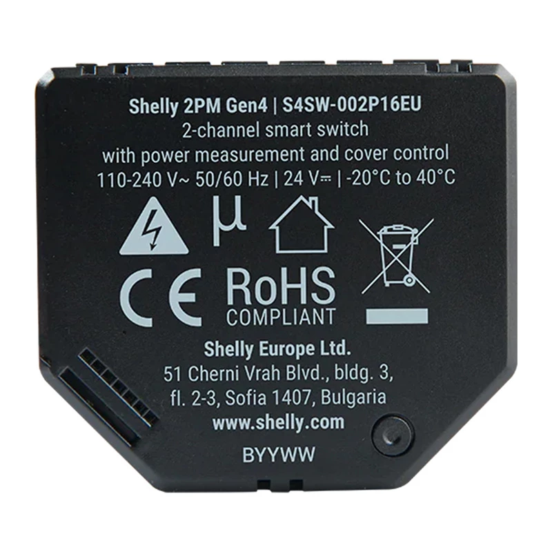 Shelly 2PM Gen4 divkanālu žalūziju un slēģu izpildmehānisms, AC 110–240V, 2.4 GHz Wi‑Fi, 1.4 W, 8000 KB zibatmiņa