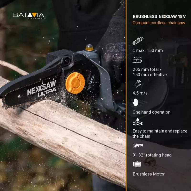 Batavia B.V. 18V Nexxsaw bezvadu bezsuku vienrocīgais ķēdes zāģis V3 Ultra, bez akumulatora un lādētāja | 17,78 cm