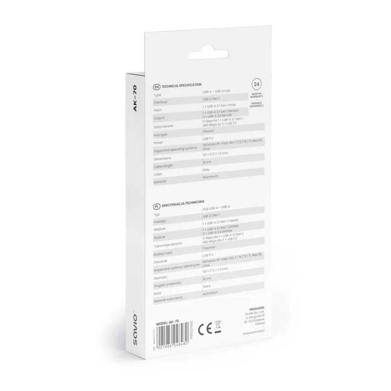 USB centrmezgls SAVIO AK-70, 7 porti USB 3.0, 4 izmantojami porti, USB Type-A savienotājs, 5 Gbit/s pārsūtīšana, garantija 2 gadi