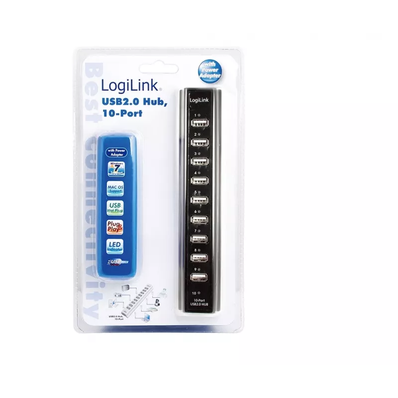 LogiLink UA0096 USB 2.0 centrmezgls 10 porti 480 Mbit/s Melns
