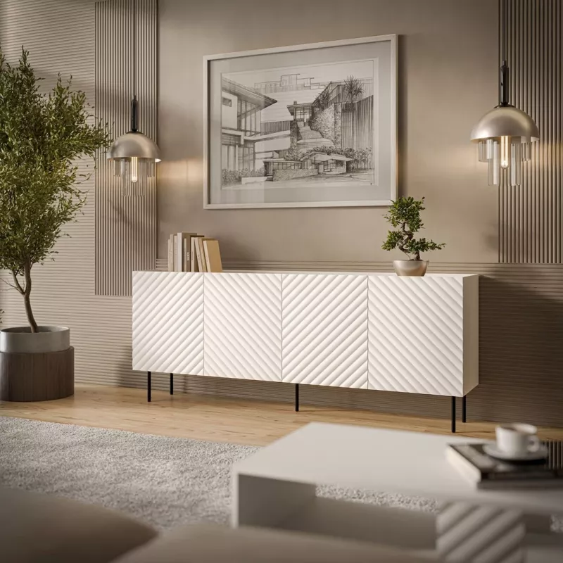 Kumode Cama LUCCA 4D, 200x40x80 cm, balta, skaidu plātne, 16 mm rāmis