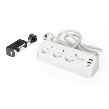 Strāvas sloksne DIGITUS 3× ligzda ar 2×USB-A un 1×USB-C, 3 AC kontaktligzdas E/F tips, 1,5 m kabelis, balta