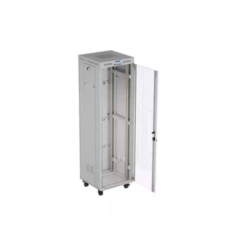 19 collu 42U LANBERG stāvošais skapis 600×600 mm Pelēks ar stikla durvīm un LCD (Flat Pack)