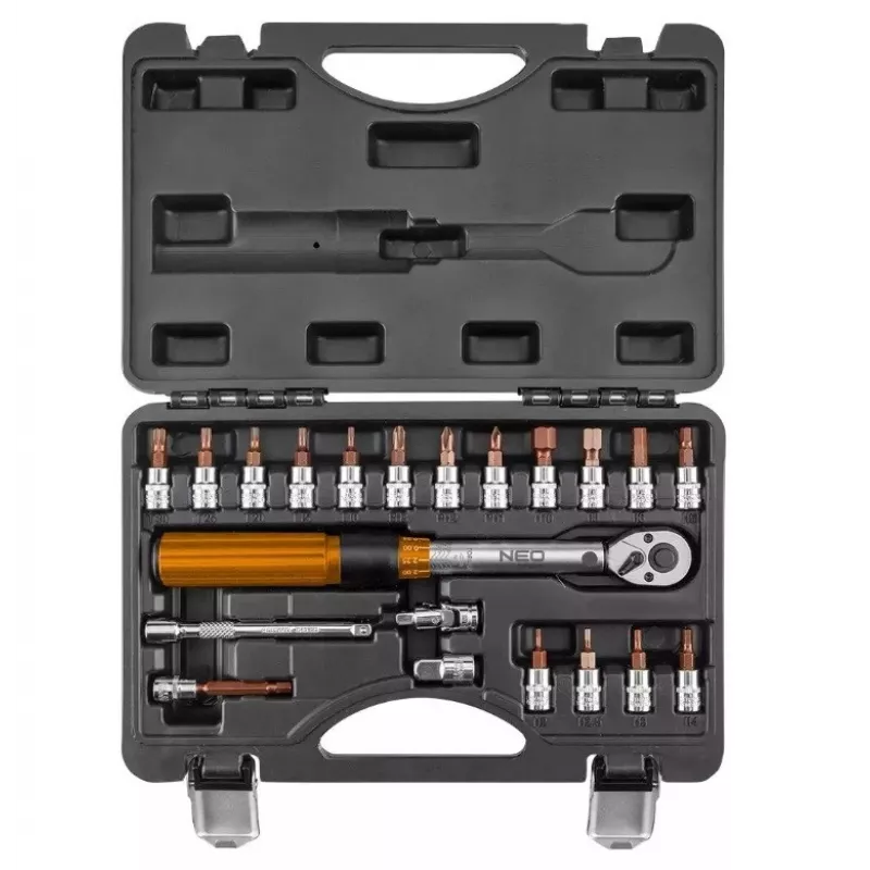 Neo Tools 1/4 divvirzienu griezes momenta atslēga, 5-25 Nm, 21 daļu komplekts