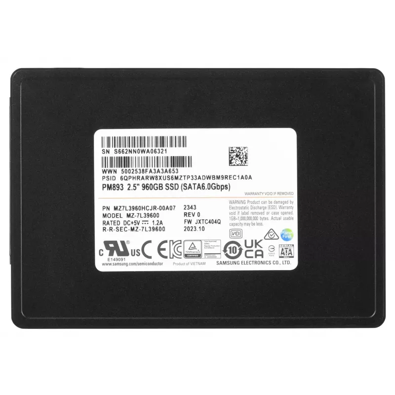 Samsung MZ7L3960HCJR-00A07 iekšējais cietvielu disks 960 GB 2.5 collu Serial ATA III TLC